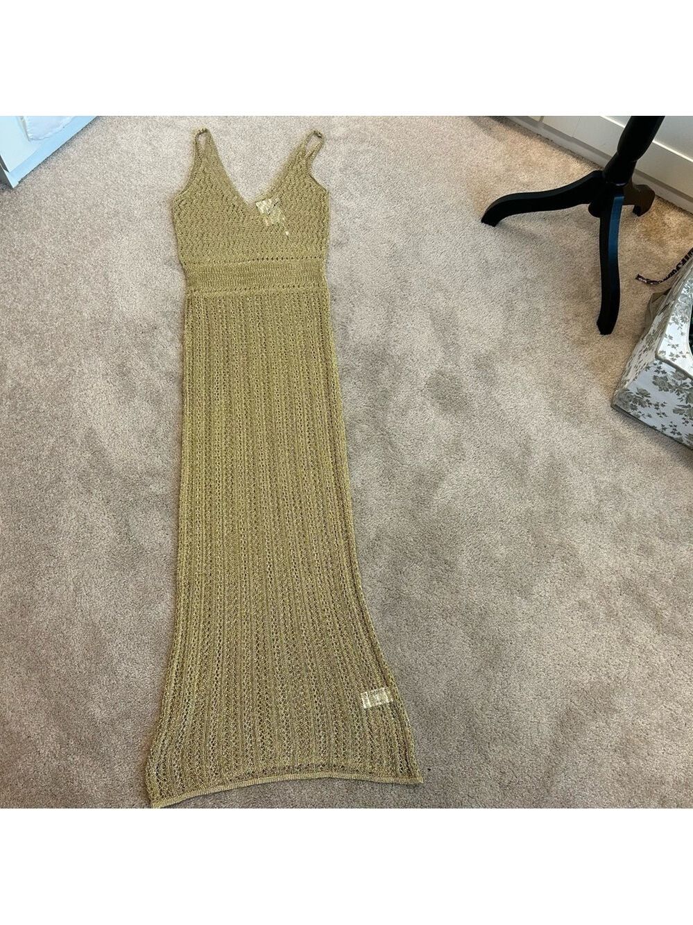 ZARA GOLD FITTED METALLIC THREAD CROCHET KNIT SPAGHETTI STRAP MIDI MAXI DRESS M - Picture 9 of 12